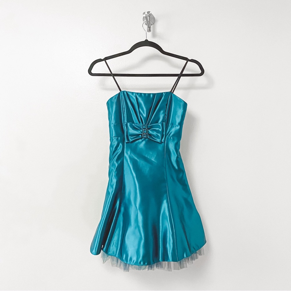 Vintage Jessica McClintock for Gunne Sax Formal Bow Detail Mini Dress Teal